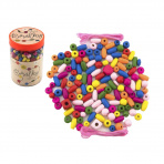 Korálky dřevěné barevné s gumičkami cca 900 ks v plastové dóze
