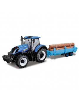 Burago Traktor New Holland s vlečkou na dřevo 1:32